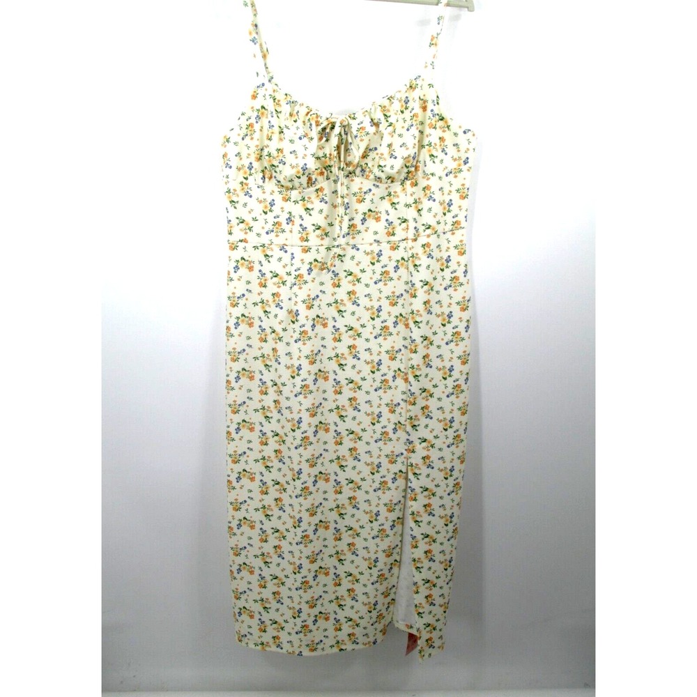 SheIn Curve Mod Midi Dress Womens 1XL Ivory Floral Cottage Core Side Slit NWT